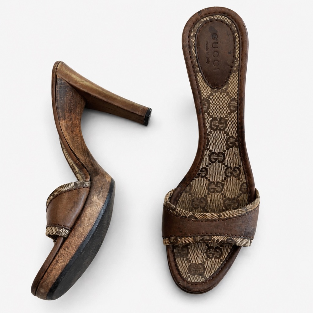 Gucci Brown Monogram Slip-On Heels - Picture 5 of 6